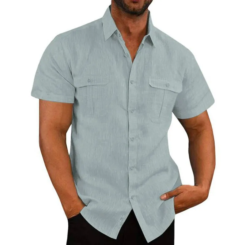 Camisa informal de lino y algodón para hombre, camisa de manga corta con cuello vuelto, Color sólido, transpirable, estilo playero, 5XL