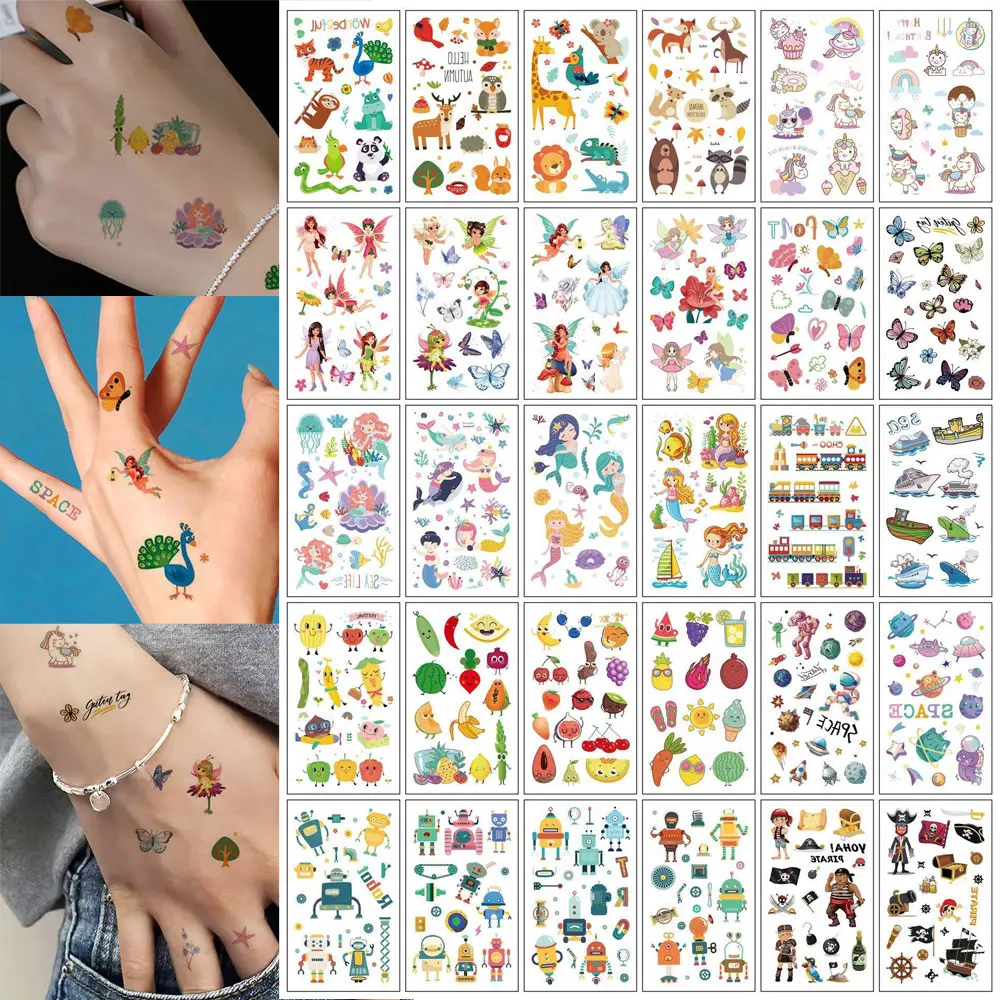 

30pcs Temporary Tattoos Unicorn Mermaid Car Fruit Cartoon Tattoo Stickers for Hand Body Fake Tattoo Waterproof