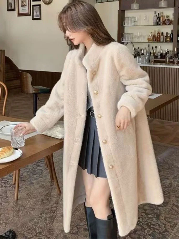 Korean Fashion Faux Mink Cashmere Jackets Elegant Double-faced Fur Stand Neck Long Coats Casual Loose Single Breasted Abrigos