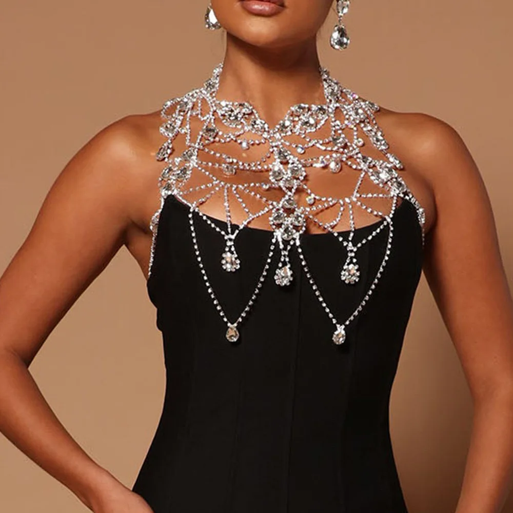 

Luxurious Multi-layer Water Droplet Tassels Exaggerated Style Water Diamond Chest Chain Banquet Women's body chain