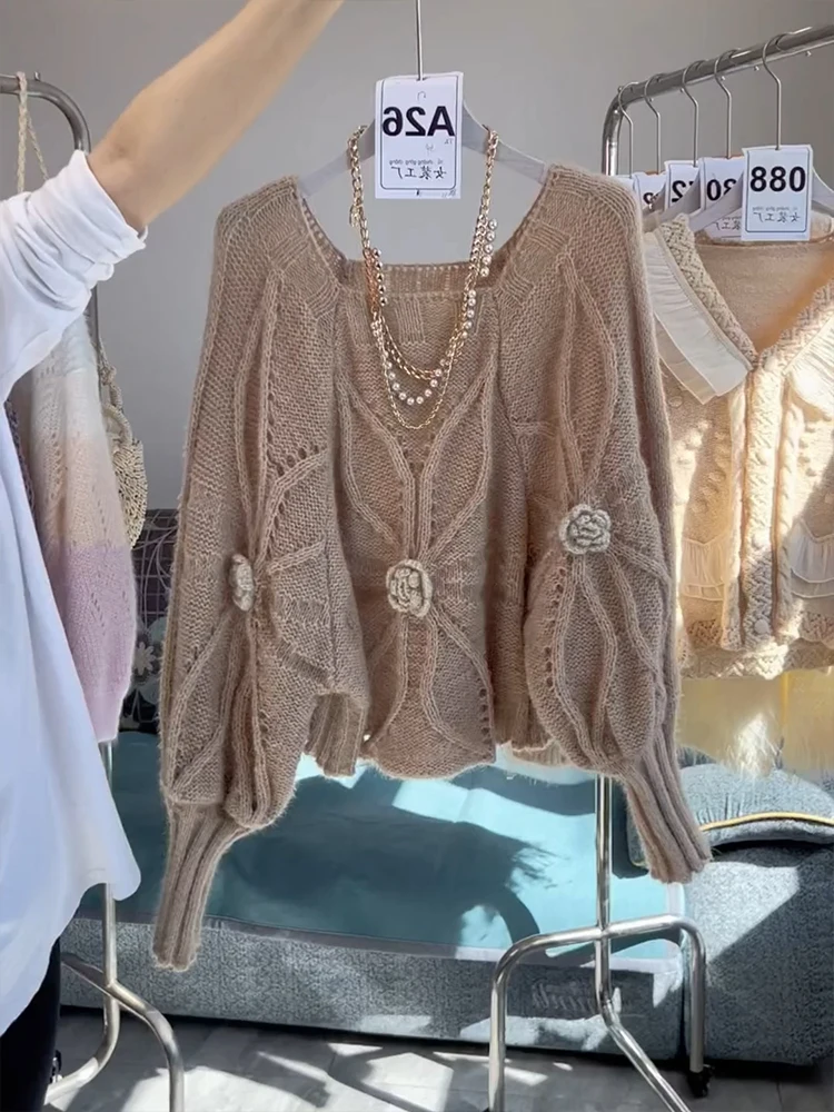 

Soft Milk Knit Sweater Women's Design Sense 2023 New Autumn Retro Square Collar Twist Long Sve Regular Length Wool Blend