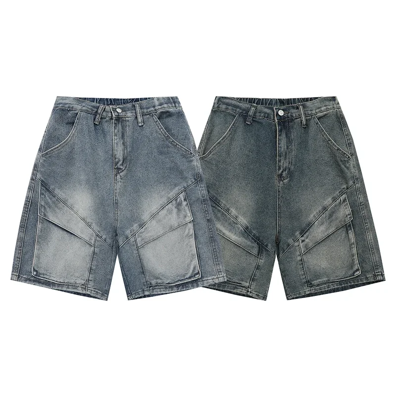 

Summer Men's Retro Large Pocket Denim Shorts with Fashionable Splicing, Loose Workwear, Cropped Shorts, Street Hip-hop Casual