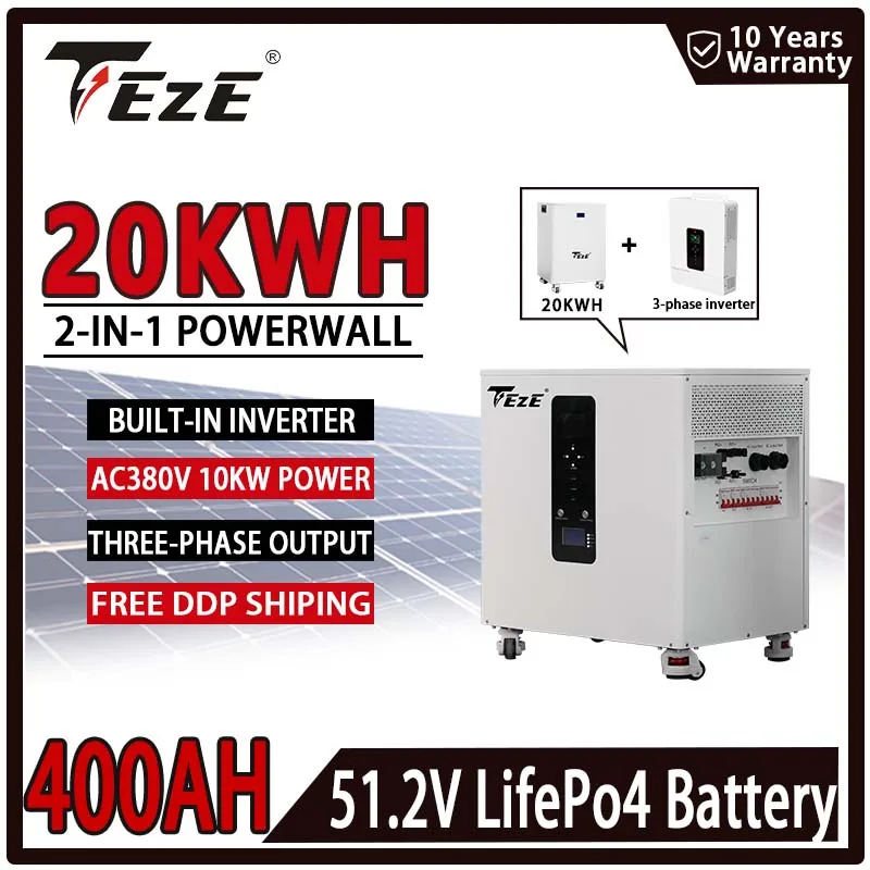 TEZE Three-Phase AC380V 15KWH 20KWH Powerwall 51.2V 300AH/400AH LiFePO4 Battery With Inverter All-in-one 10KW Output