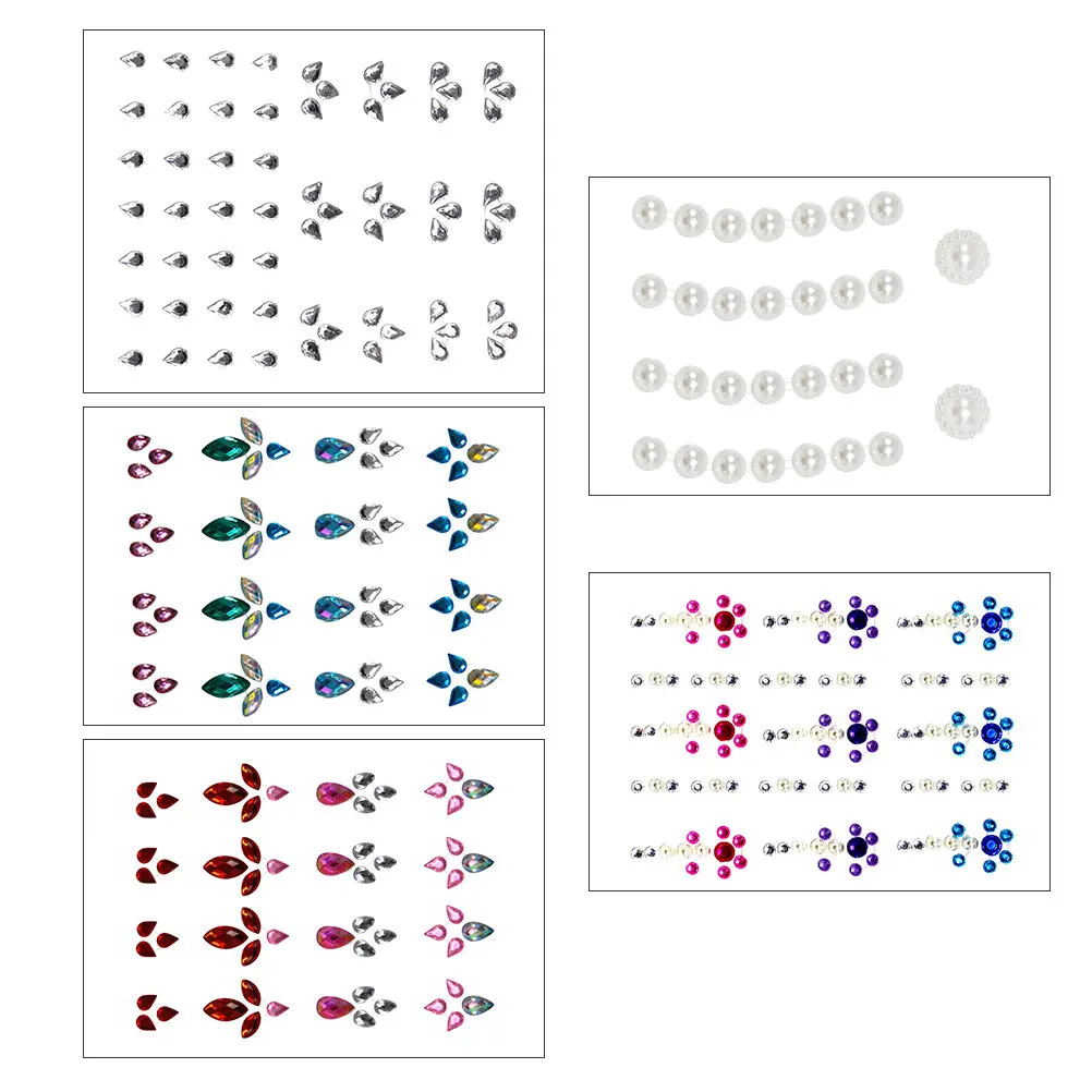 5Sets Stick Face Jewels Center Eye Stickers Unique Rhinestone Decals Festival Party Makeup Body Nail Decoration