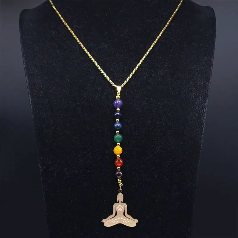 Yoga Buddha 7 Color Chakra Stone Stainless Steel Chain Necklaces Women Gold Color Long Necklaces Jewelry gargantilla N965S04