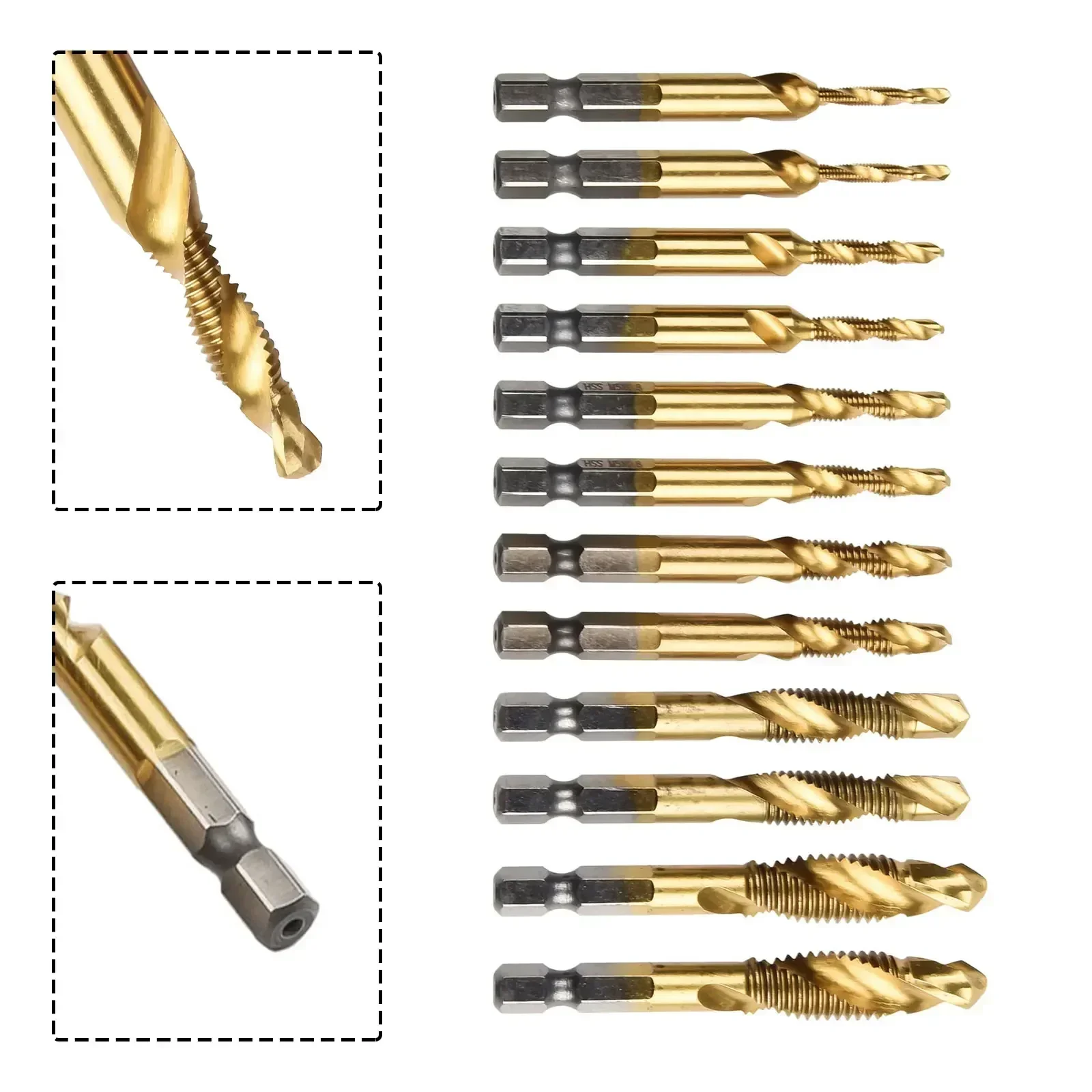 12pcs Metric Tap Composite Tap Plated Hex Shank HSS Screw Thread Metric Tap Drill Compound Tap Hand Drill Tool M3-M10