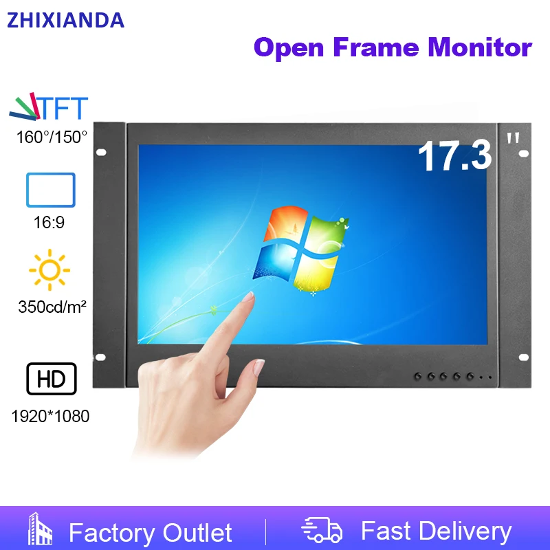 

ZHIXIANDA 17.3 Inch 1920*1080 Open Frame/Cabinet Embedded Mount Industrial Touch Screen Monitor 16:9 Wide LCD Display HDMI VGA