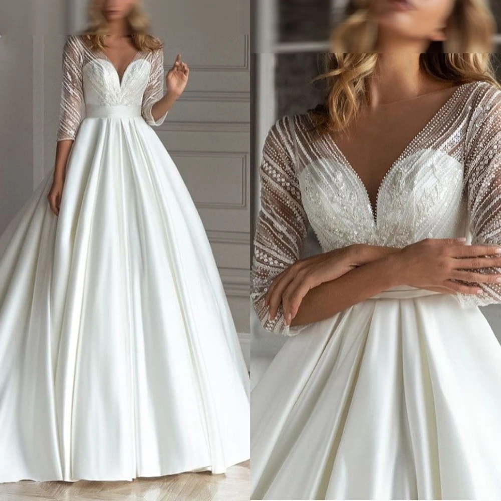 カスタマイズされた絶妙なウェディングドレス高級ホワイトサテンセクシーなVネックファッションブライダルパーティークラシックAライン繊細なブライダルドレス