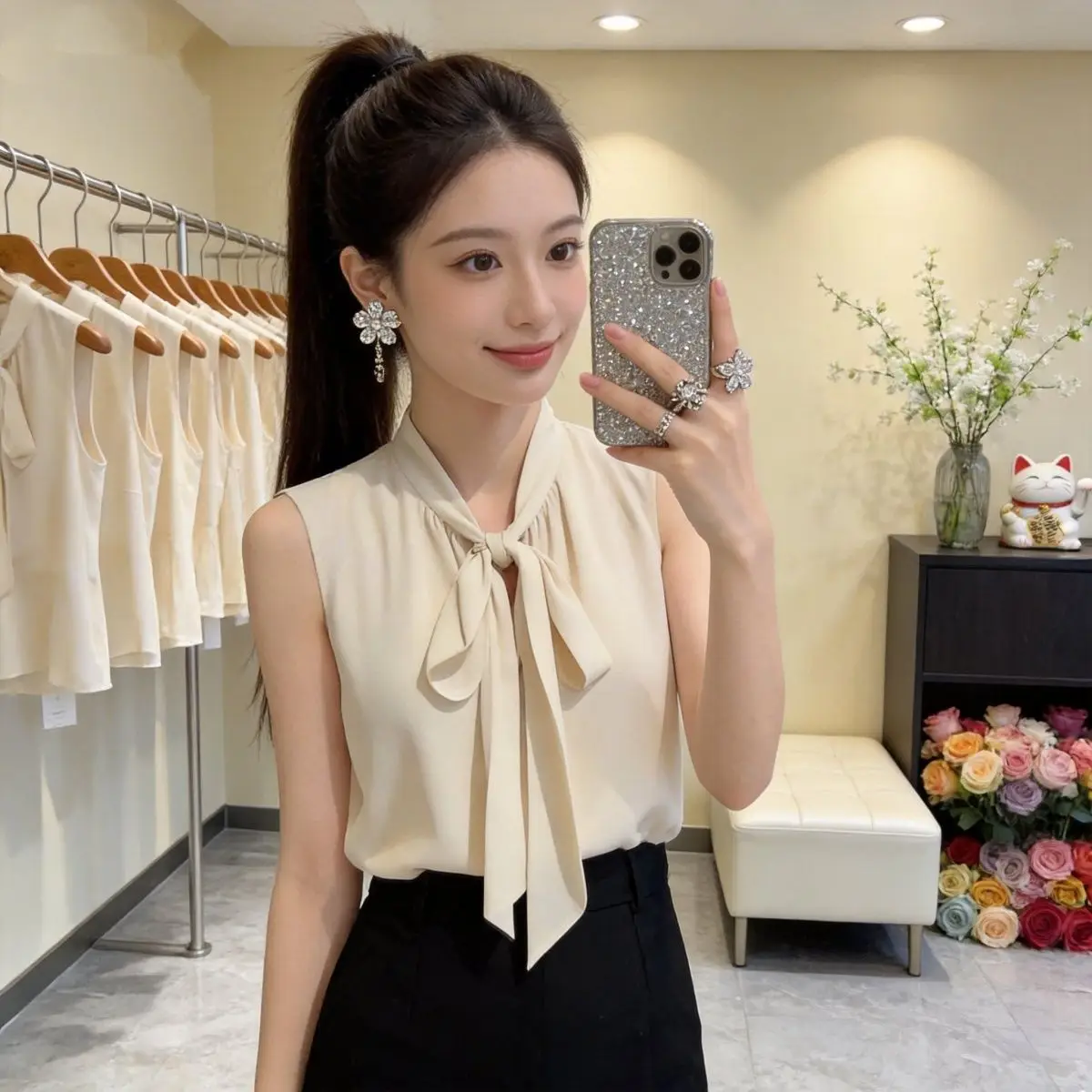 

Women's Chiffon Sleeveless Vest Knot Casual Loose Fit Summer Top Inner Wear under Shirt High-End Feeling Outerwear