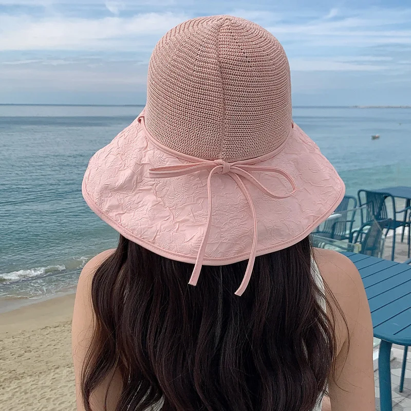 Korean Women's Fashion Embossed Mesh Eye Color Glue Protection Hat Summer Travel Vacation Wide Brim Sun New