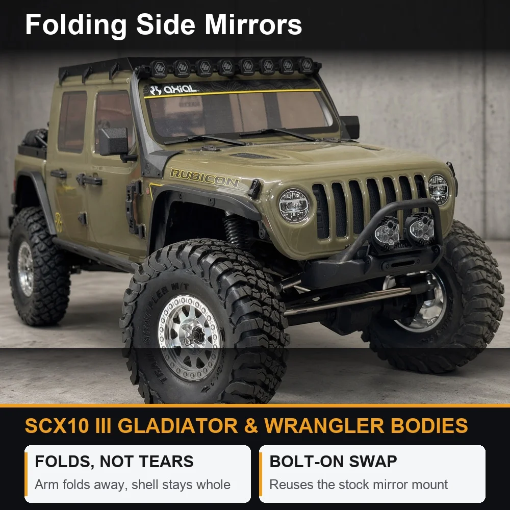 Folding Side Mirrors for SCX10 III Gladiator & Wrangler Bodies, PA12 Nylon Scale Mirror Pair 220° Swing w/ Mirror Film, Bolt-On