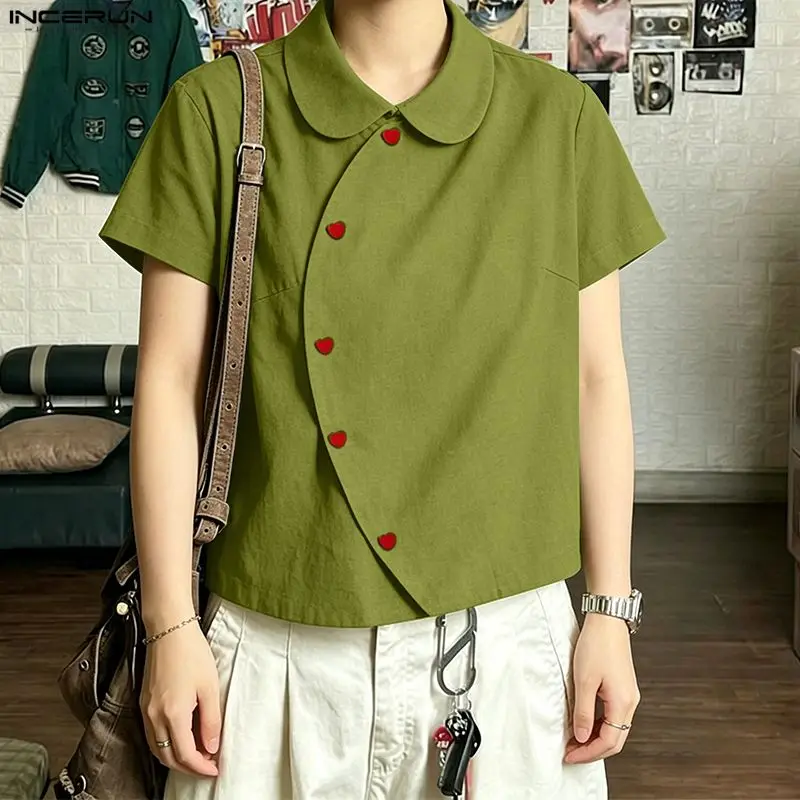 

INCERUN Men's Shirt Solid Color Short Sleeve Summer Men Clothes Streetwear Button Korean Style 2026 Casual Tops Shirts For Man