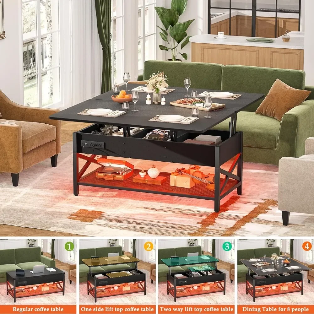 Coffee Table Lift Top Multi-Function Coffee Table Converts to Dining Table, with LED Light and Power Outlet, Center Table with