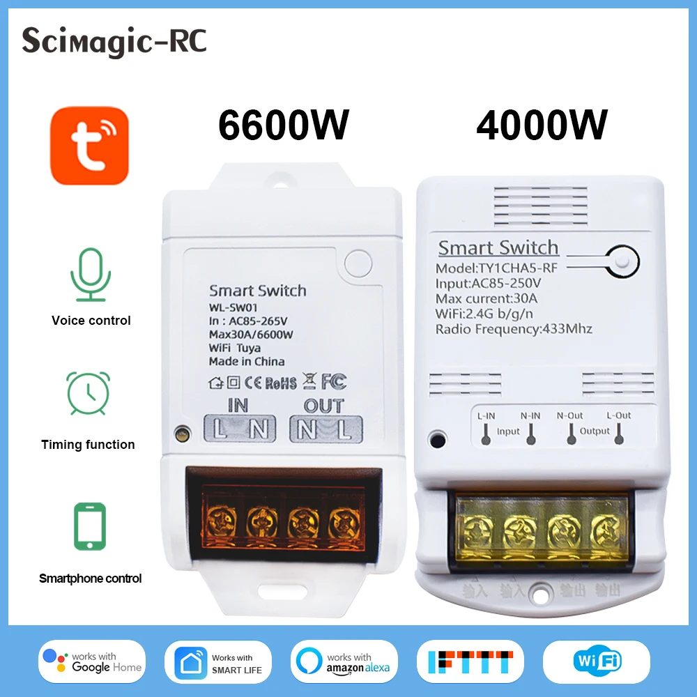 Tuya WiFi Smart Switch 30A 6600W/4000W AC 85-250V Motor Controller Home Automation Relay Smart Light Module Alexa Google Home