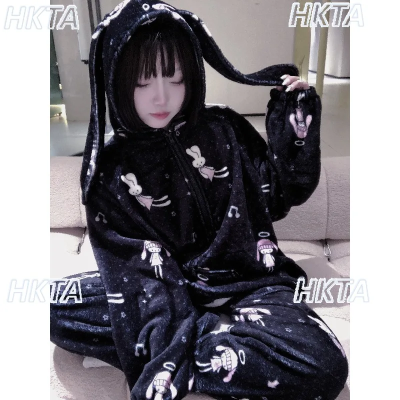 Japanese Autumn New Sweet Lolita Plush Zipper Daily Loose Casual Hooded Top Trousers Cute Cartoon Printed Home Pajama Sets Women