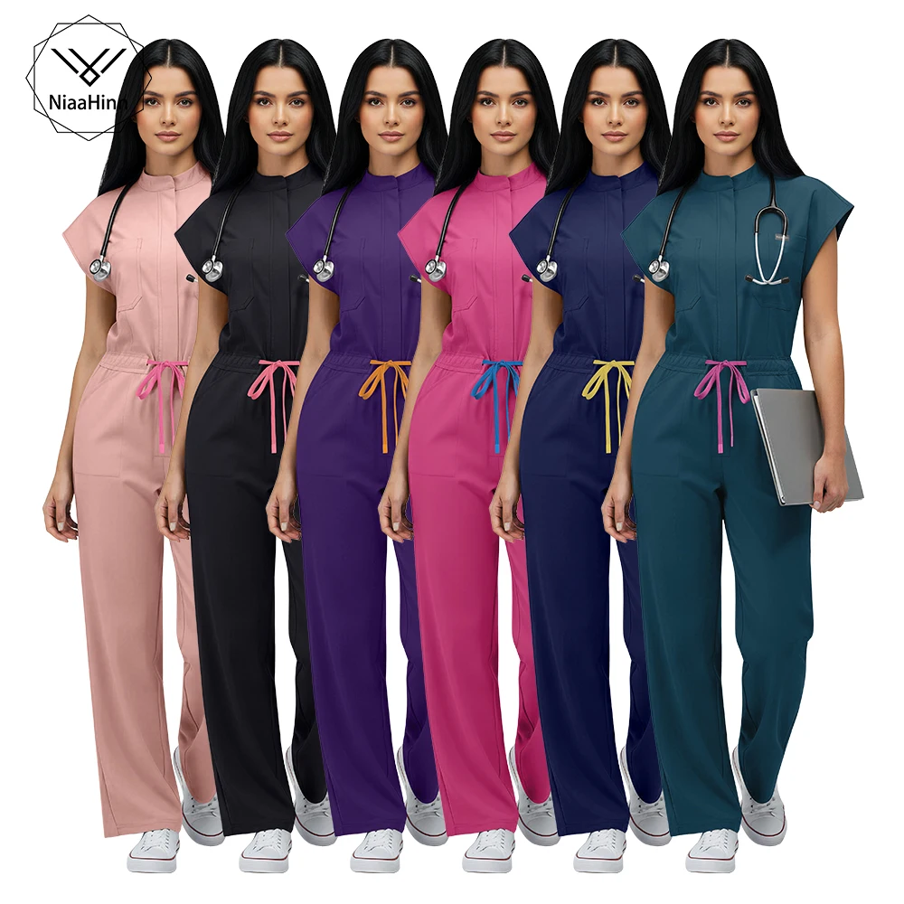 Niaahinn Scrubs - Mono Clínico de Moda para Mujer, Elástico, Transpirable, Ropa de Trabajo, con Bloques de Color, Cordón Ajustable, Corte Recto