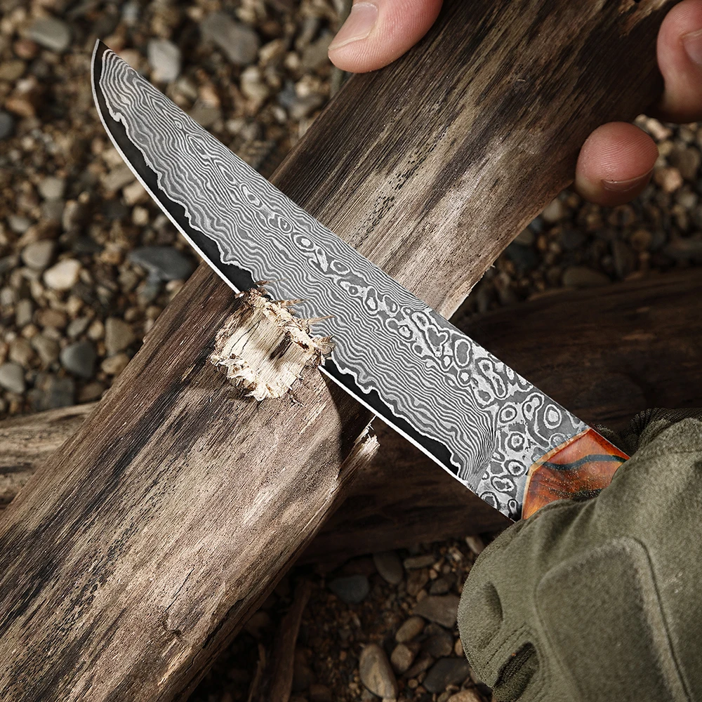 Handmade Damascus Kitchen Utility knife Hunting Knife for Chopping Meats Fixed Blade Bushcraft Knife with Stabilised wood Handle