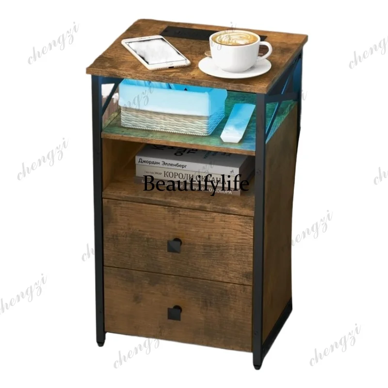 A68LED Nightstands with Wireless Charging Station and 2 Wood Drawers End Tables Living Room with USB and Outlets Bedroom Brown