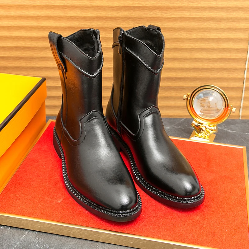 

New Men Cowboy Boots Black Brown Side Zipper European and American Fashion Brand Chelsea Boots Knight Boots Size 38-46 Men Boots