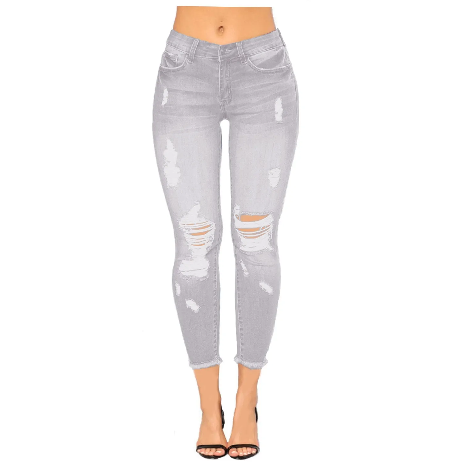 Black High Waist Slim Fit Denim Pants with Ripped Distressed Knee Holes Light Blue Cotton Washed Western Style Sexy Leopard Prin