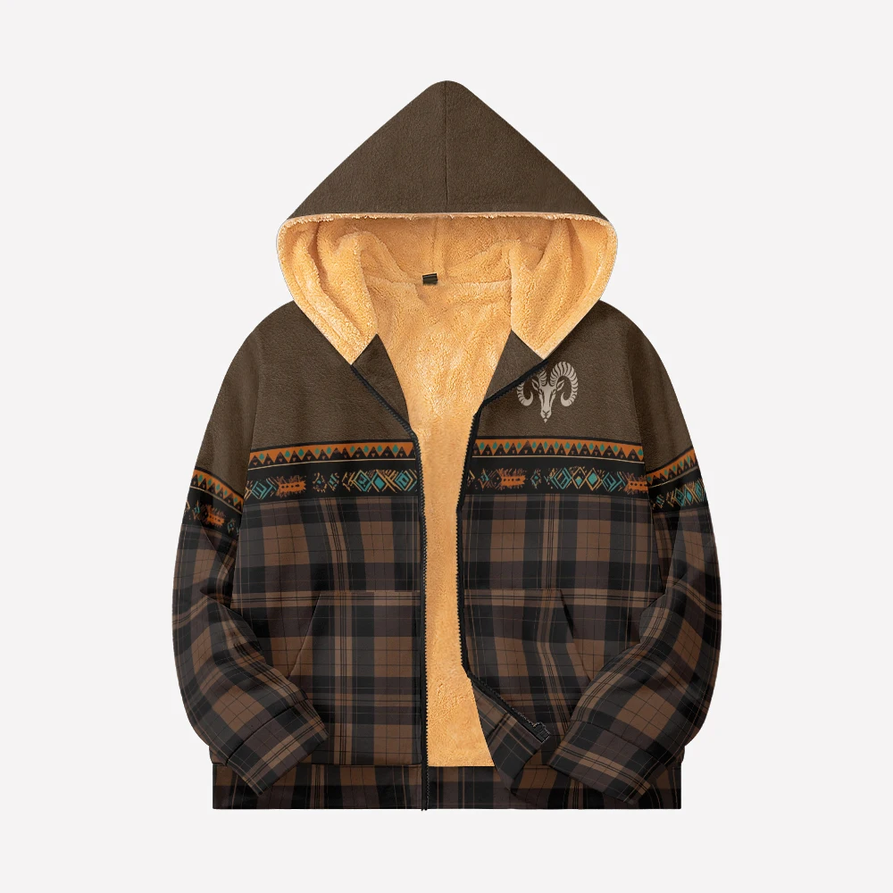 Men's Thick Wool Hooded Jacket, Lattice Printing Parka with Zipper for Casual Style and Outdoor Warmth in Autumn and Winter