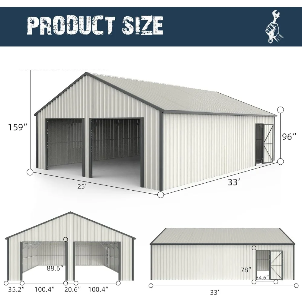 25 x 33 Metal Shed with Side Entry Door, 16 GA Steel Frame, 2 Car Sheds for Truck, Tool, Lawnmower, Outdoor Tool Storage Shed