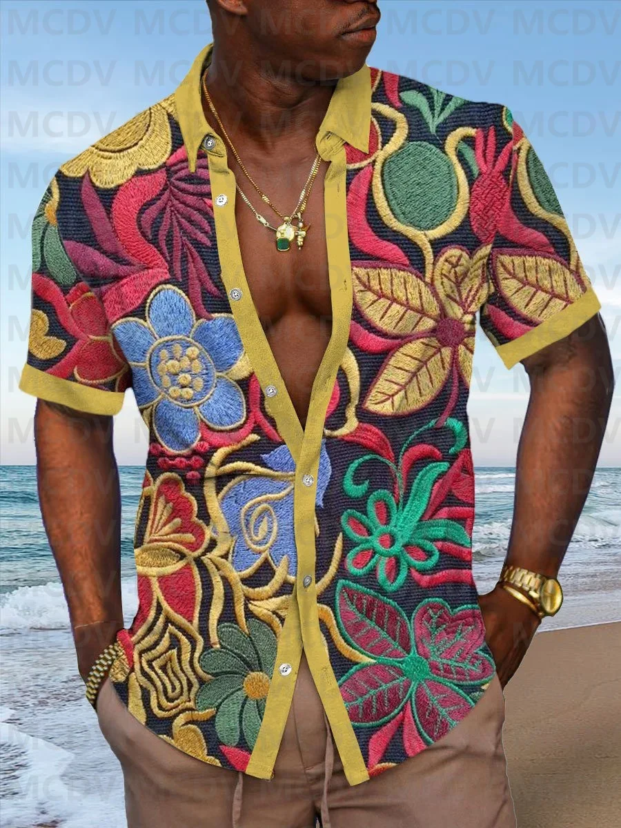 Beach Vacation Men's Hawaiian Shirt Floral Print Pocket Camping Shirt Men's Button Shirt