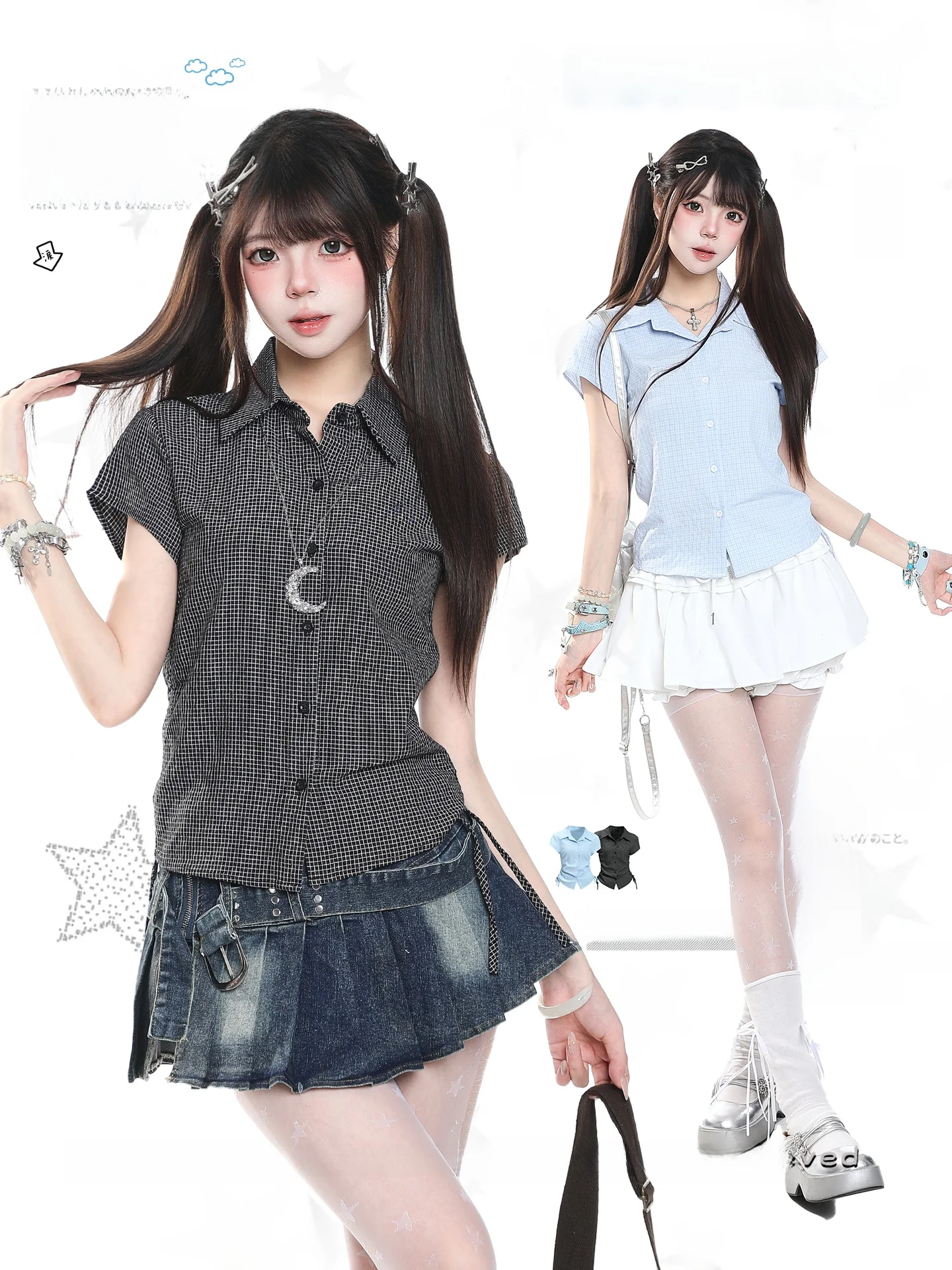 Chic Korean Style Women's Shirt Short Sleeve Belted Checkered Short Length Slimming Top Summer School Style Elegant Design