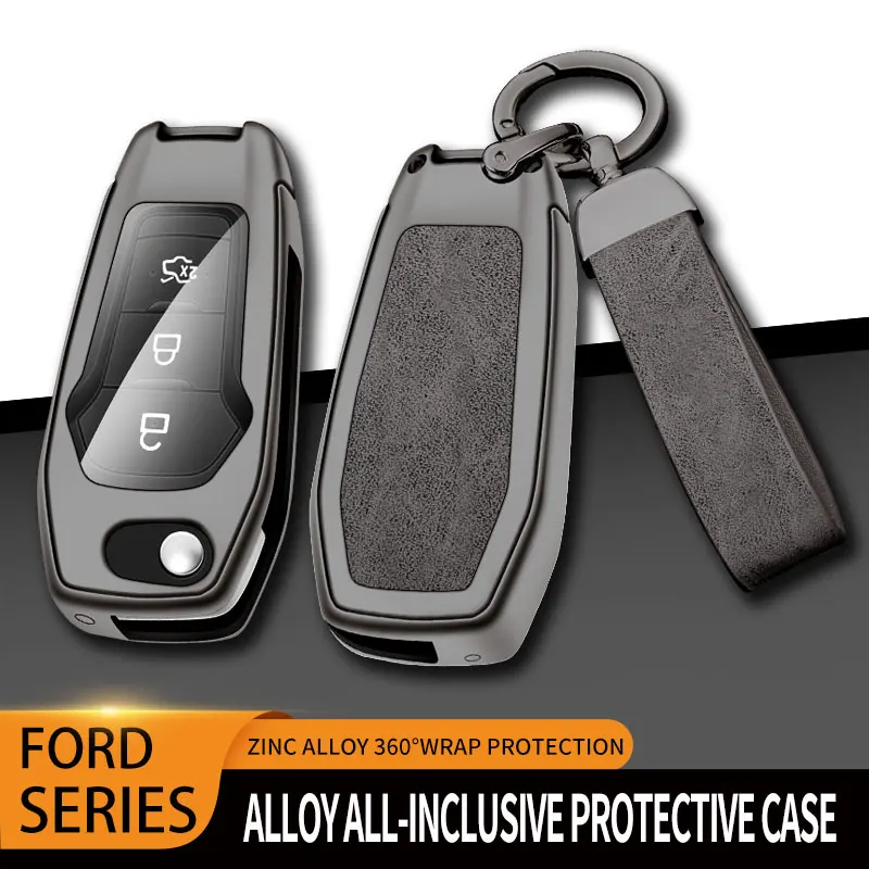 Leather Car Metal Key Case Cover For Ford Focus Fusion Mk2 Mk7 Explorer Ranger Uncut Blank HU101 Blade Key Chain  Accessories