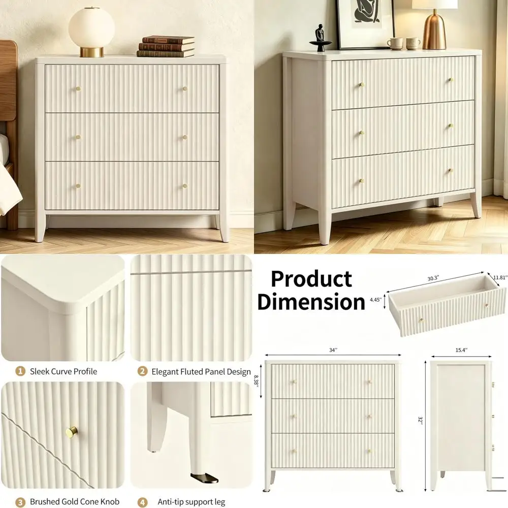 

2-Piece Bedroom Set: 34 Wide Chest of Drawers, Nightstand, End Table with Metal Handles, Striped Storage Cabinet in Alabaster Wh