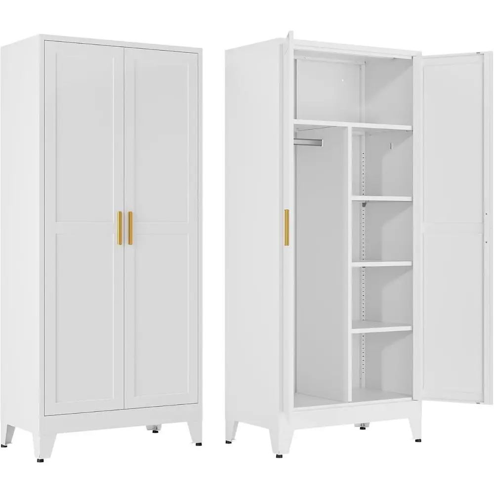 

Modern White Metal Wardrobe Closet with Adjustable Shelves and Hanging Rod for Bedroom, Office, Dorm, and Gym Storage