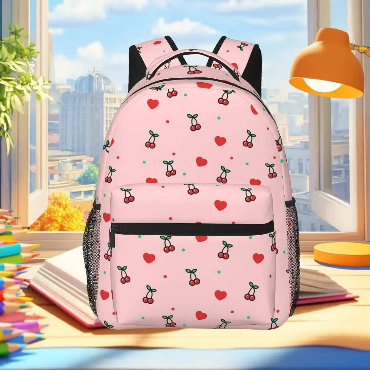 Cherry Heart Design Pattern With Pink Background Backpack Student Boys Girls BookBag Computer Shoulder Bags for Men Women