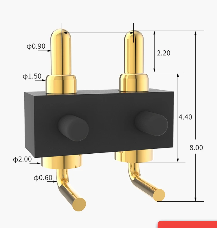 Spring thimble connector 2pin1A gold plated brass bending charging touchpoint seat probe