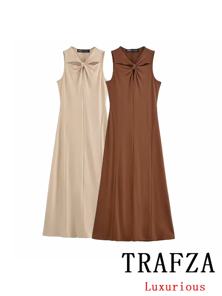 

TRAFZA Vintage Elegant Chic Women Dress Solid O-Neck Knot Sleeveless Straight Midi Dress Fashion 2025 Spring Summer Party Dress