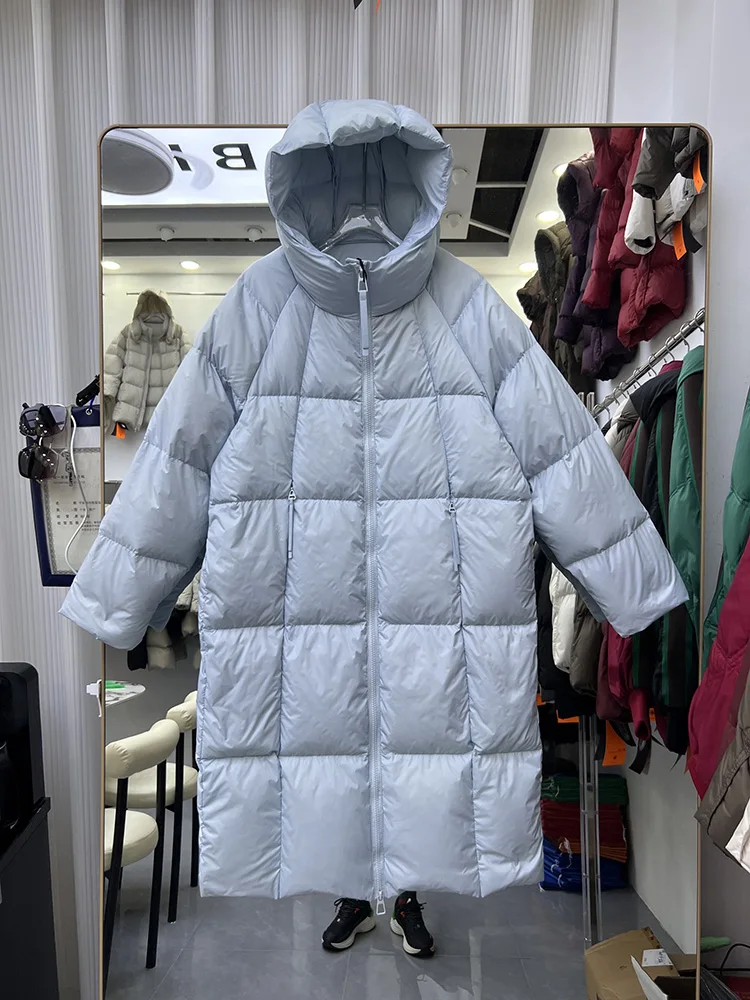 2025 inverno nuovo piumino da donna tinta unita semplice e versatile stile lungo con cappuccio sciolto piumino d'anatra bianca