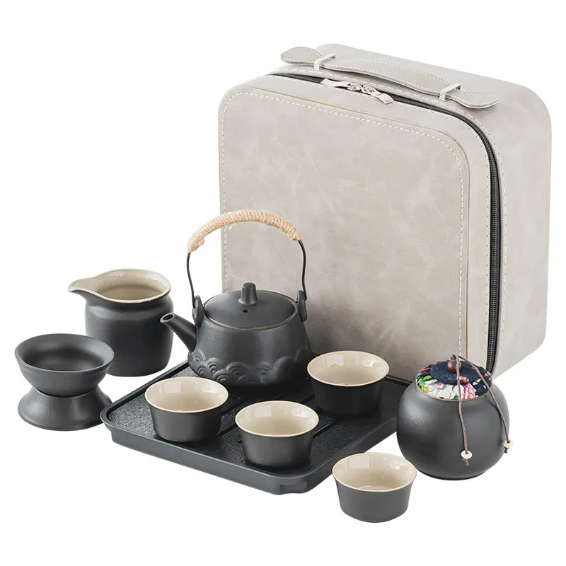 

Retro portable tea set, coarse pottery lift beam travel business trip tea light luxury gift box business gift