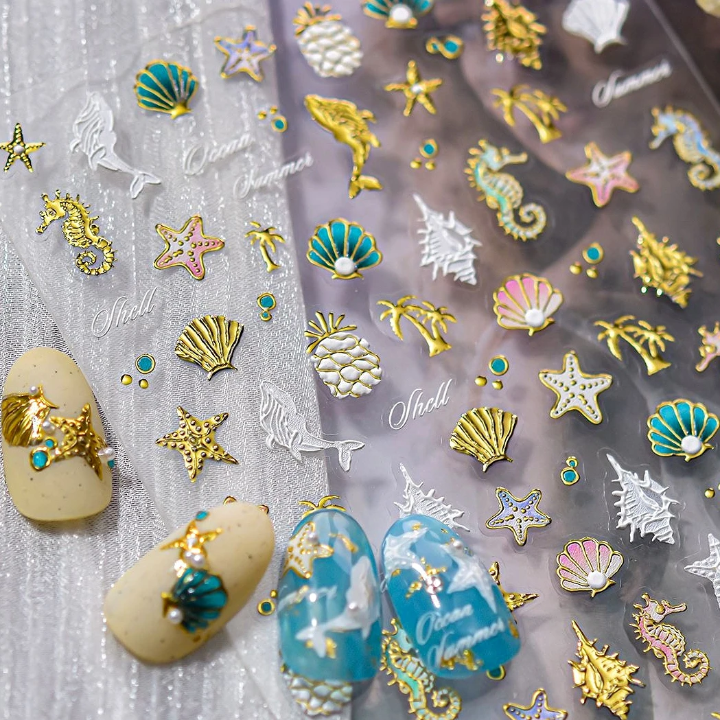 Hot Stamping Seahorse Dolphin Shell Conch Starfish Coconut Tree Jackfruit Water Bubbles Ocean Nail Art Stickers Manicure Decals - Image 2