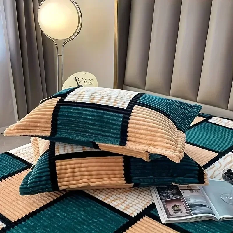 2PC Teal Beige Geometric Plaid Pillowcase Set, Corduroy Textured Pillow Covers, Modern Decorative Bedding, Standard/Queen Size