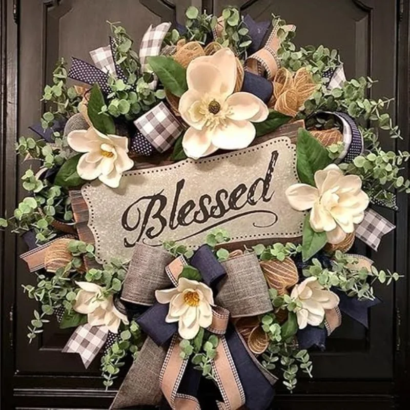 

Spring Summer Wreath for Front Door,Farmhouse Magnolia Porch Decoration,Front Door Hanger,Housewarming Gift,