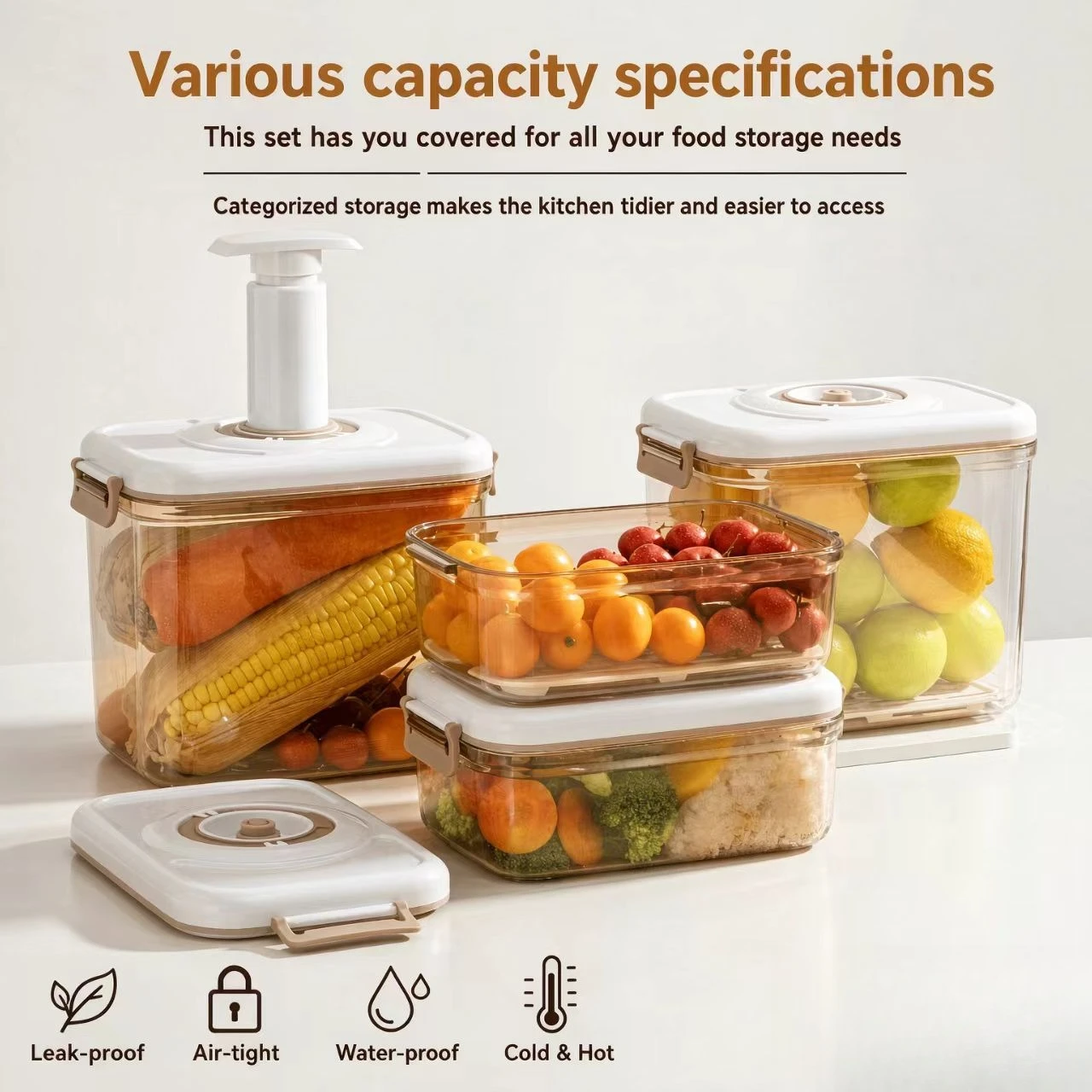 Refrigerator Food Storage Container with Lid Moistures-Proof Vacuum Seal Box with Removable Drain Plate