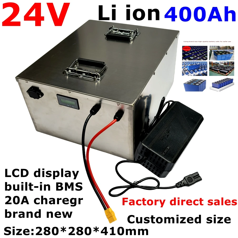 

24V 400AH Lithium ion battery with BMS li-ion battery for 2500W 6000W RV EV scooter solar Vehicle motorhome +20A Charger.