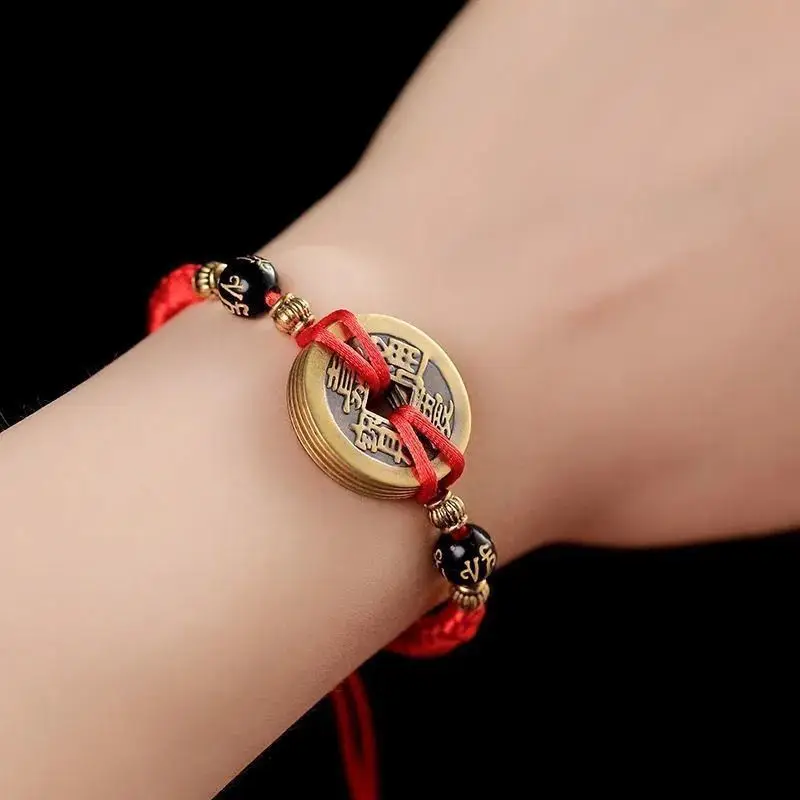 Pulsera de cobre de cinco emperadores para hacer la fortuna, cuerda colorida, nudo de diamante