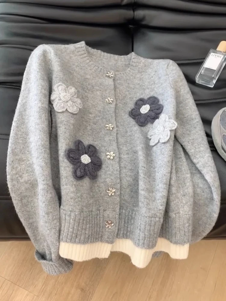 Zoki 3D Floral Gray Cardigan Sweaters Women Vintage Sweet Loose Knitted Jackets Korean Patchwork Elegant Buttons Lady Casual Top