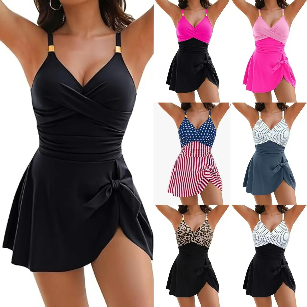 

Woman Swimsuit Tummy Control Retro Style Swimsuit Cross Front Wrap Skirt Bathing Suit V Neck Thin Straps Swimwear Tankini