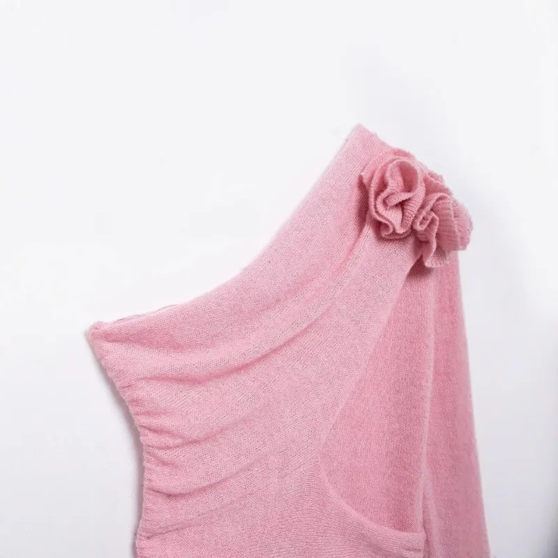 Topenomi Pink Flower Sweater Women 2024 Autumn Long Sleeve Cropped Knitted Pullover Sexy Y2k Asymmetrical Folds Slim Short Tops