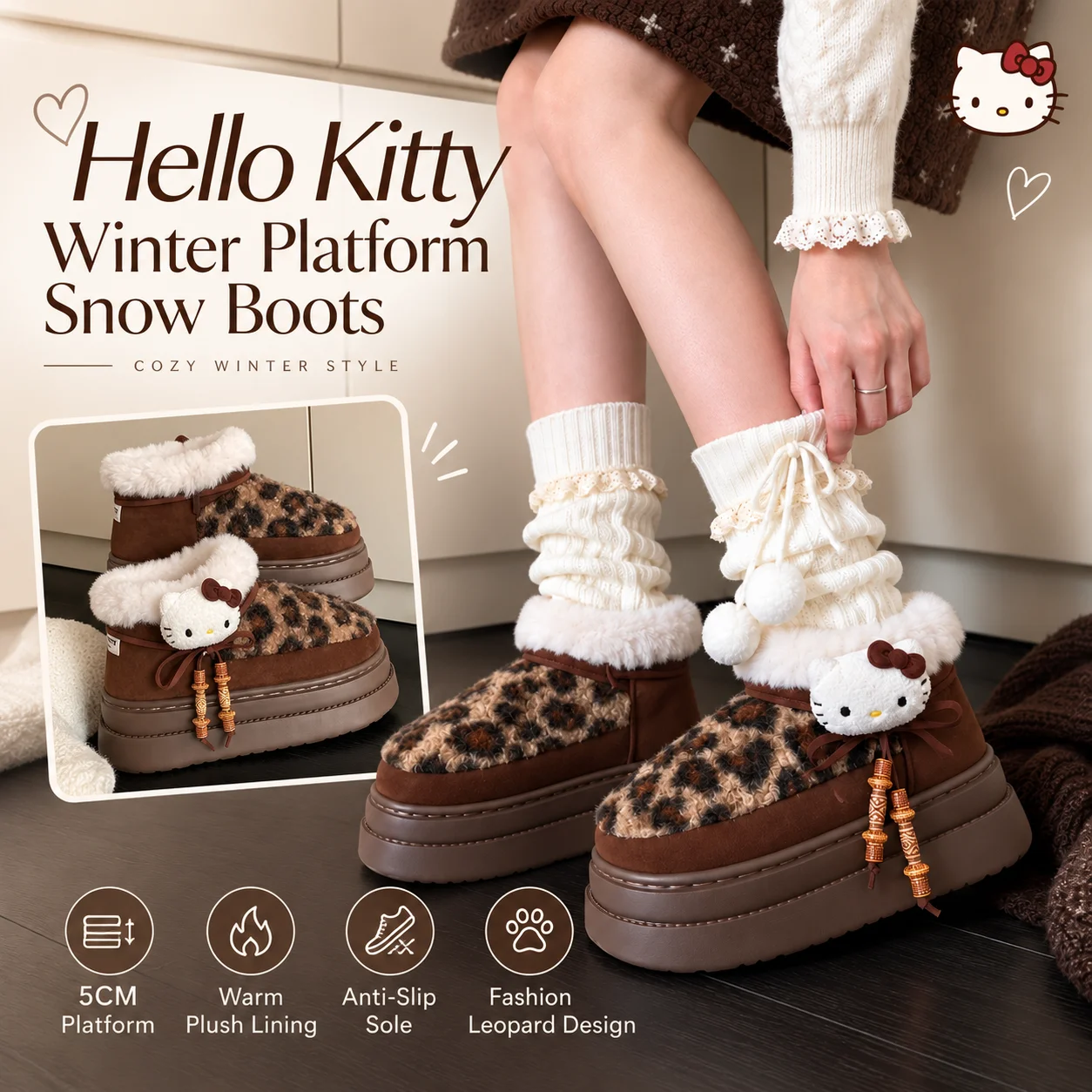 New Sanrio Hello Kitty Leopard Snow Boots Women Winter Warm Outdoor Wear Girly 5cm Height Increasing Thick Plush Cotton Boots