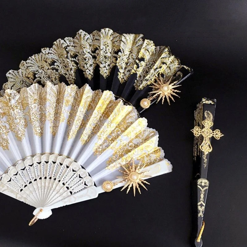 Y2K Folding Fan Vintage Handmade Gold Foils Folding Fan Cosplay Props Women Girls Birthday Gifts