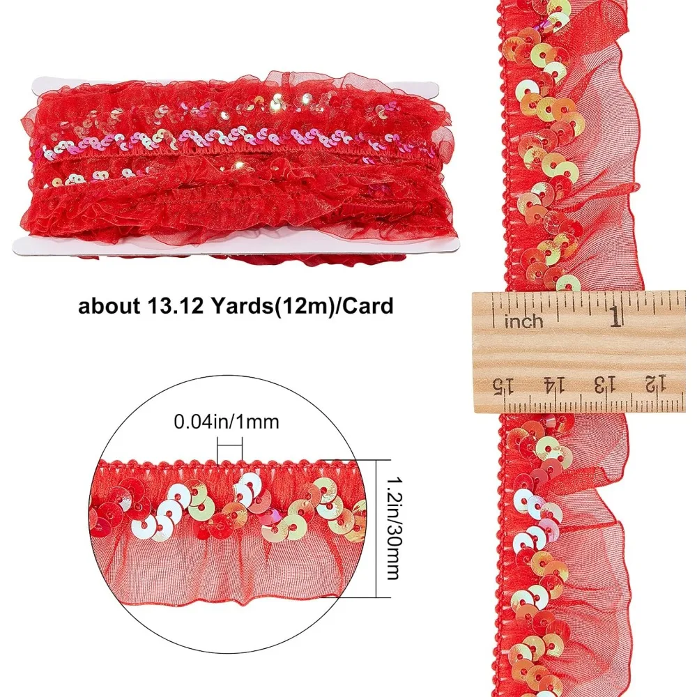 13Yds Pleated Organza Lace Ribbon Red Satin Mesh Tulle Fabric Gathered Mesh Sequin Stretch Ruffled Ribbon 1-1/8