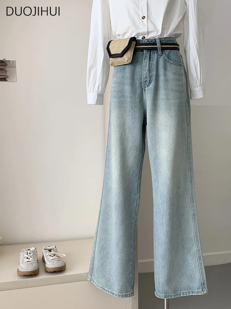 

DUOJIHUI Vintage Loose Chic Flare Female Wide Leg Pants Summer New Fashion High Waist Slim Simple Washed Distressed Women Jeans