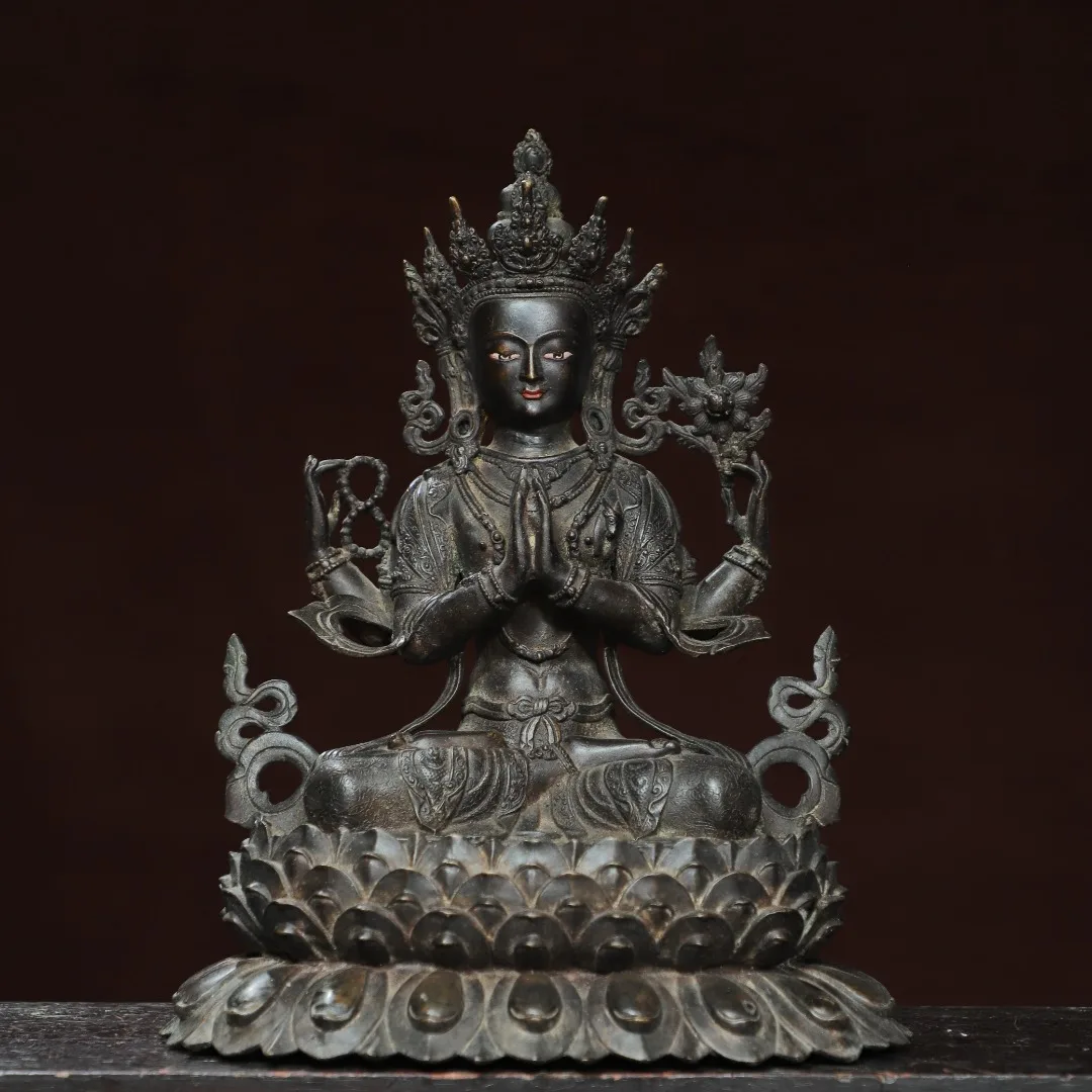 

13"Tibetan Temple Collection Old Bronze Cinnabar Mud gold Four armed Guanyin Sitting Buddha Lotus Terrace Worship Hall